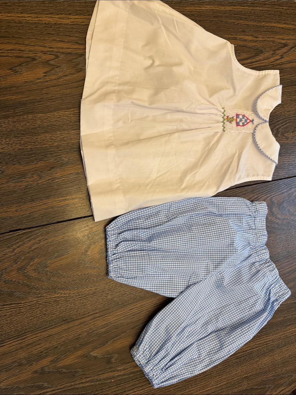 Embroidered white Sleeveless Top with Blue Gingham Bloomers